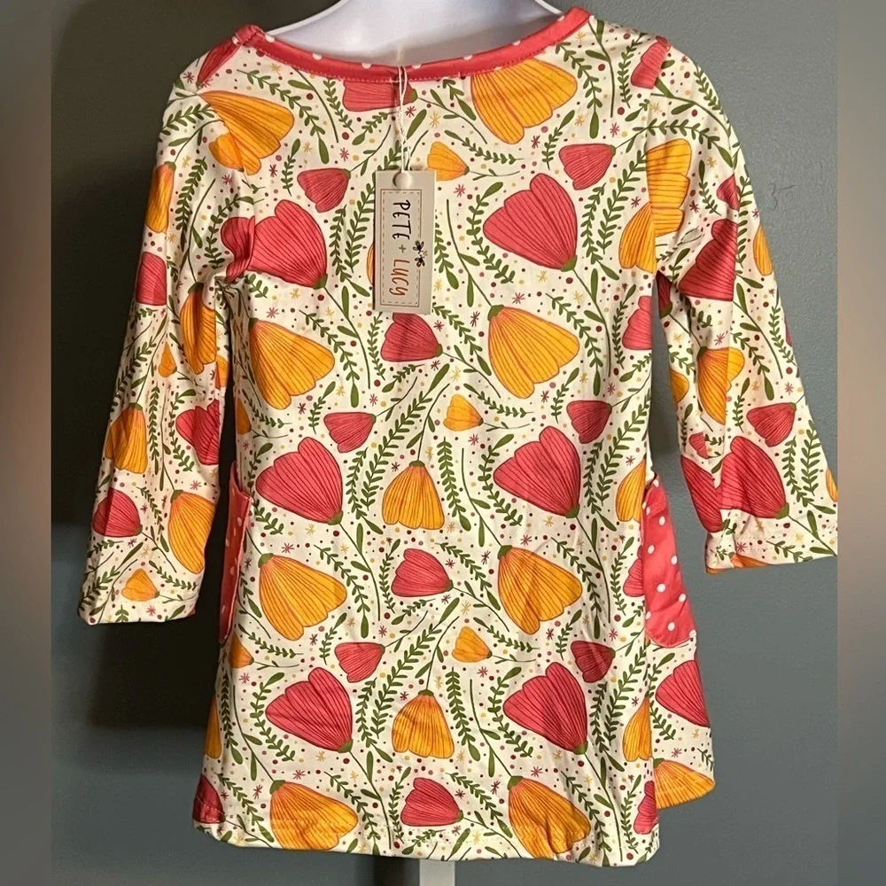 Pete and Lucy Tulips Floral red orange green and white long sleeve dress